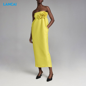 Robes pour femmes de grande taille à fente haute, sexy, sans bretelles, jaunes, élégantes, à épaules dénudées - Product Image 4