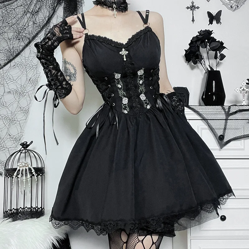Shop Women's Gothic Vintage Black Mini Dress - Streetwear Punk