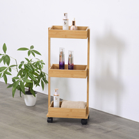 Chariot de rangement mobile classique en bambou pour salle de bain, cuisine et salon – Étagère étroite et fine sur roulettes, écologique