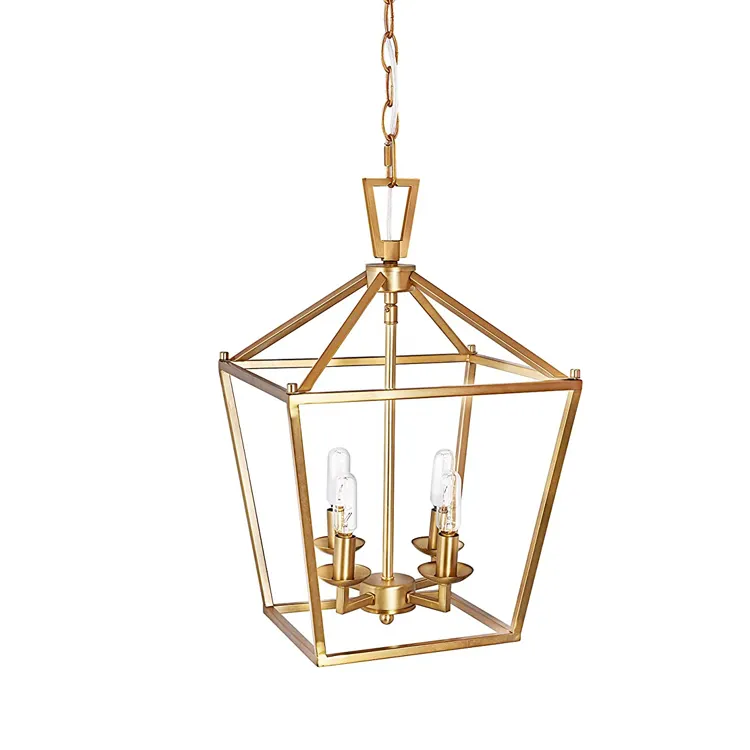 Colgante de linterna dorada, accesorios de iluminación colgantes geométricos de 4 luces en acabado de latón cepillado, luz colgante moderna