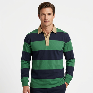 Men's Long Sleeve <b>Striped</b> Rugby <b>Polo</b> <b>Shirt</b> Woven Quick Dry Breathable Button Collar Casual Sports Wear - Product Image 2