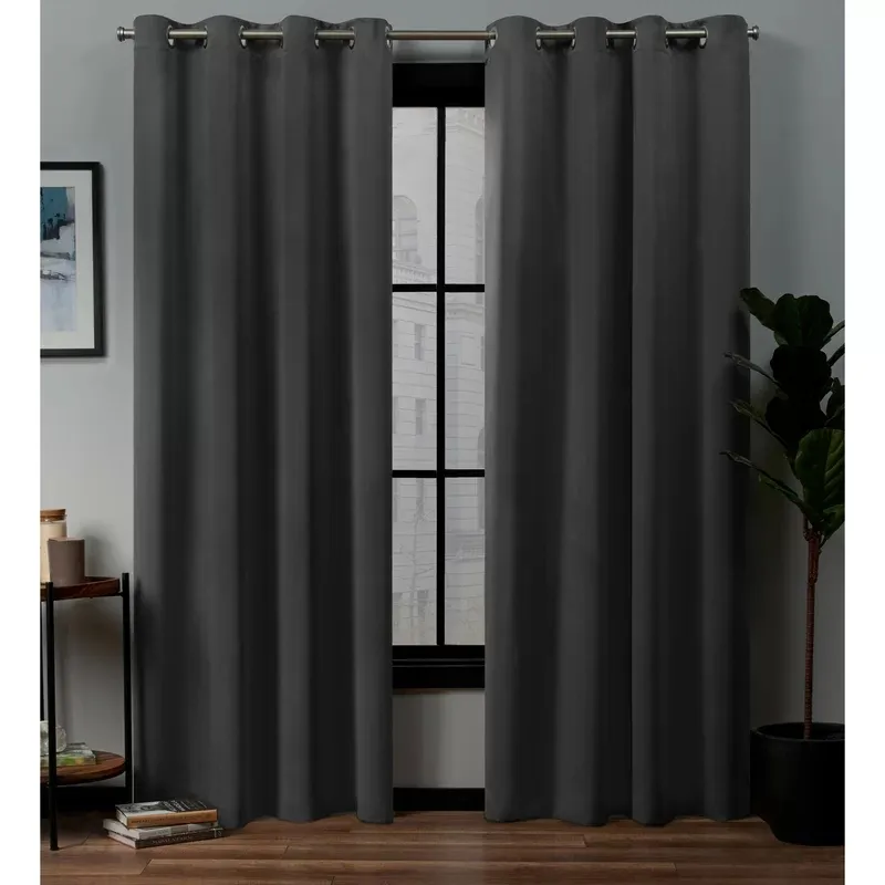 Ready made charcoal color eyelet top 100 polyester curtains for bedroom