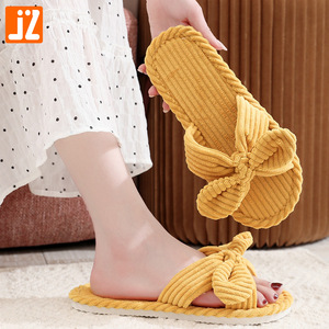 Femmes automne hiver maison doux décontracté velours côtelé nœud pour pantoufles confortable fourrure anti-dérapant silencieux lumière salon chaussures - Product Image 1