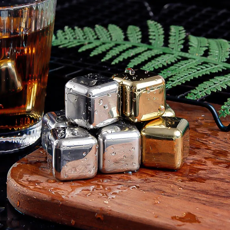 Custom Logo Whisky Stones Gift Set Cubo De Gelo De Aço Inoxidável Pedras De Refrigerador Reutilizáveis Com Tongs E Caixa De Armazenamento