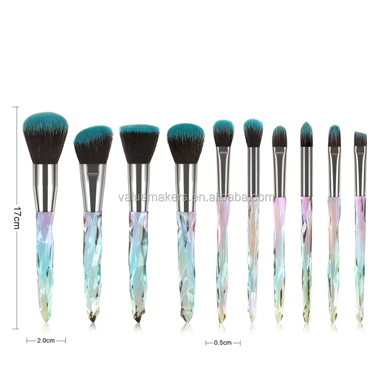 make up brush set 10 pieces with crystal blue purple colors private label synthetic hair cosmetic brush set for eyes and face