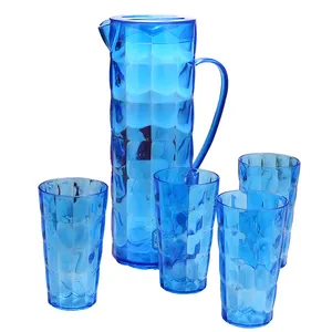 饮料定制印刷透明蓝色塑料2L水罐，带盖和杯子套装