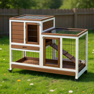 บ้านกระต่ายไม้เฟอร์แข็งแรง พร้อมล้อ ทางลาด ถาดถอดได้ สีน้ำตาล เฟอร์นิเจอร์บ้านกระต่าย ขนาดกลาง สำหรับใช้ในร่ม ทุกฤดู - Product Image 2