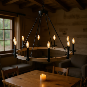 โคมไฟระย้าสไตล์บ้านไร่แบบเรียบง่าย 10 ดวง สีดำด้าน ทำจากโลหะและไม้ ทรงกลม ปรับความสูงได้ ใช้หลอดไฟ E12 - Product Image 2