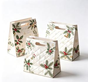 Low MOQ flat bottom thick Kraft paper debossed texture <b>bags</b> with handle for Christmas wrapping gift <b>bags</b> - Product Image 1