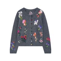 Cárdigan de cuello redondo de moda gris para mujer, flor bordada personalizada, superventas, cárdigan de invierno con patrón sólido al por mayor para mujer