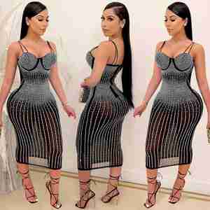 Robe longue de soirée brodée avec strass, nouveau motif sexy, dos nu, en maille transparente, pour club, avec strass - Product Image 3