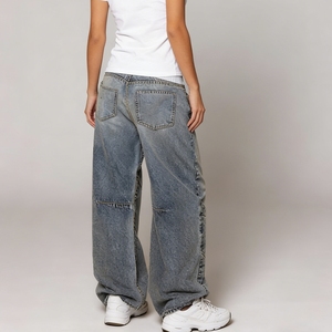 Jeans vintage à jambes larges pour femmes, avec ceinture côtelée patchwork et motifs variés, tendance - Product Image 2