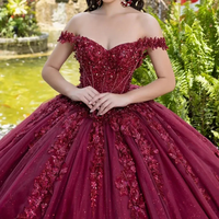 Robe de Bal Scintillante Rouge Foncé Épaules Dénudées, Vestido de 15 Años, Doux Seize, Bal de Promo, Princesse, Grandes Tailles, Fête d'Anniversaire, Robes de Quinceañera MQ681