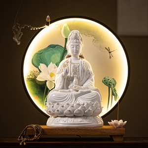 Estatua de Bodhisattva Guanyin de Cerámica Blanca Estilo Chino, Loto con Retroiluminación LED, Decoración Zen para Mesa de Hogar, Porta Incienso - Product Image 2