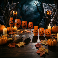 Verre à vin en verre soufflé à la main, motif citrouille peinte à la main pour Halloween, orange côtelé, pour décoration de fête, personnalisable