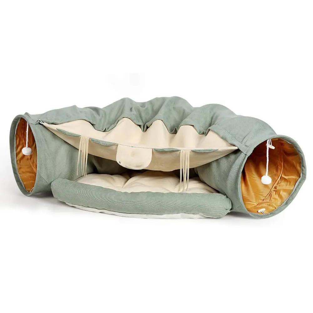 2 in 1 Cat Play Tunnel Removable Mat Pets Dogs Rabbits Kittens Home Foldable Tubes Toys Cat Tunnel Bed Soft Plush Nest for Pets