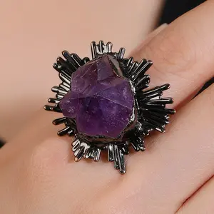 BD-B3771 Amazing adjustable copper made gun black ring gemstone finger rings amethyst stone ring for women and men to wear