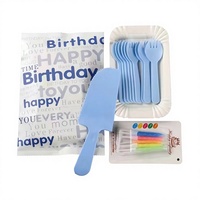 Ensemble de vaisselle jetable biodégradable pour gâteau d'anniversaire, comprenant fourchettes à quatre dents, assiettes, bougies et cuillères à dessert, bleu, avec emballage Alphabet