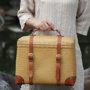 <b>Bamboo</b> Woven Tea Storage Basket 40x40x25cm Rectangle With Leather Straps For Tea Ceremony - Product Image 2