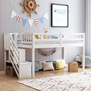 Camas de madera de pino blanco para niños, piso de diseño creativo, cama doble baja con escaleras y almacenamiento
