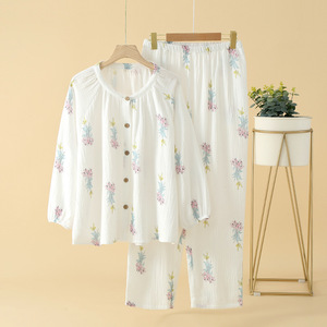 Set pigiama da <span class=keywords><strong>donna</strong></span> in puro <span class=keywords><strong>cotone</strong></span> stile giapponese primavera autunno girocollo a maniche lunghe estivo sottile abbigliamento per la casa ODM - Product Image 1
