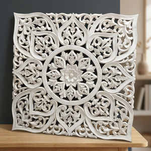 Panneau mural en bois sculpté à la main |   Panneau mural décoratif blanc pour la décoration intérieure de la maison 36x36 pouces - Product Image 3