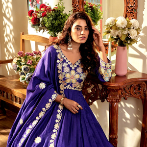 <b>Women</b> Indian Ethnic Blue Embroidered Anarkali Gown <b>Suit</b> Set Floor-Length Loose Fit Traditional <b>Wedding</b> <b>Dress</b> with Dupatta - Product Image 3
