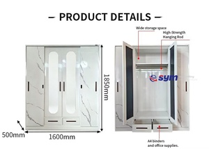 Armoire robuste et durable en acier moderne à 4 portes, imprimée, verrouillable, avec 2 miroirs, 2 tiroirs et tringle de suspension pour l'organisation de la chambre - Product Image 3