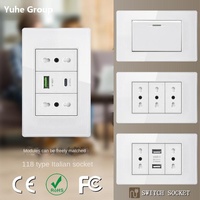 Enchufe Estándar Italiano USB Tipo-C de 20W con Carga Rápida, 2 Puertos, Panel Táctil, Clasificación IP21, 220V, Interruptor de Luz de Pared de Vidrio Moderno