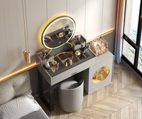 Table de maquillage moderne de luxe en bois massif gris avec miroir éclairé par LED et plateau en verre pour petite chambre, appartement ou salle à manger