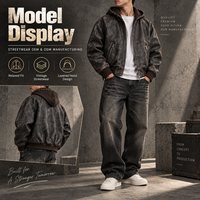 Blouson Bomber Homme Personnalisé en Similicuir Délavé Vintage avec Capuche, Fermeture Éclair, Effet Vieilli, Imperméable, Style Streetwear