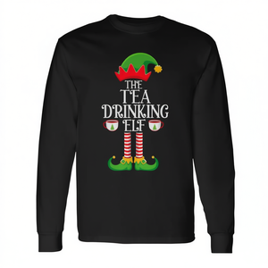 <b>Tea</b> Drinking Elf <b>Christmas</b> Long Sleeve Crew Neck Unisex T-<b>Shirt</b> Family Matching Xmas Holiday <b>Shirt</b> - Product Image 2