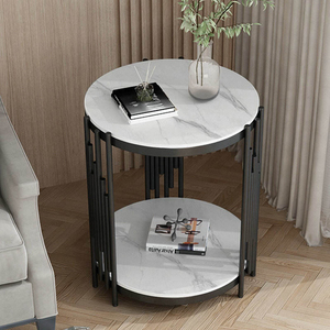 Table basse de salon contemporaine en pierre frittée, table d'appoint circulaire en métal avec rangement, design moderne doré, mobilier de maison noir durable - Product Image 2