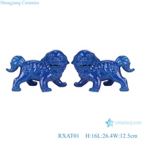 Statue de lion Foo Dog en céramique émaillée bleue RXAT01 pour la décoration de la maison