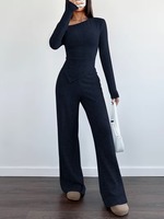 T26652 Ensemble tricoté automne-hiver pour femme : haut à manches longues et épaules asymétriques et pantalon large – Ensemble pull tricoté pour femme