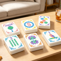 Ubin Mahjong Desain Garis Gaya Cina dari Akrilik dengan Latar Belakang Putih Menampilkan Lentera Berwarna-warni, Bunga Teratai, dan Burung.