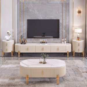 طقم طاولة قهوة وخزانة تلفزيون فاخرة بتصميم عصري بسيط، شكل بيضاوي من الزجاج واللوح الصخري، أثاث منزلي لغرفة المعيشة والشقق - Product Image 1