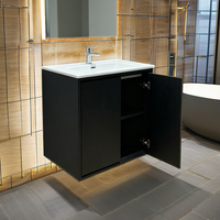 Ensemble de meubles de salle de bain sur mesure pour hôtel 5 étoiles, design flottant, panneau de porte laqué, lavabo en céramique, évier de salle de bain à LED