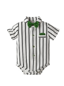 Ensemble de tenues formelles pour garçons Chemise à manches courtes à rayures Noeud papillon à pois Short à bretelles avec bonnet pour anniversaire en plein air - Product Image 2