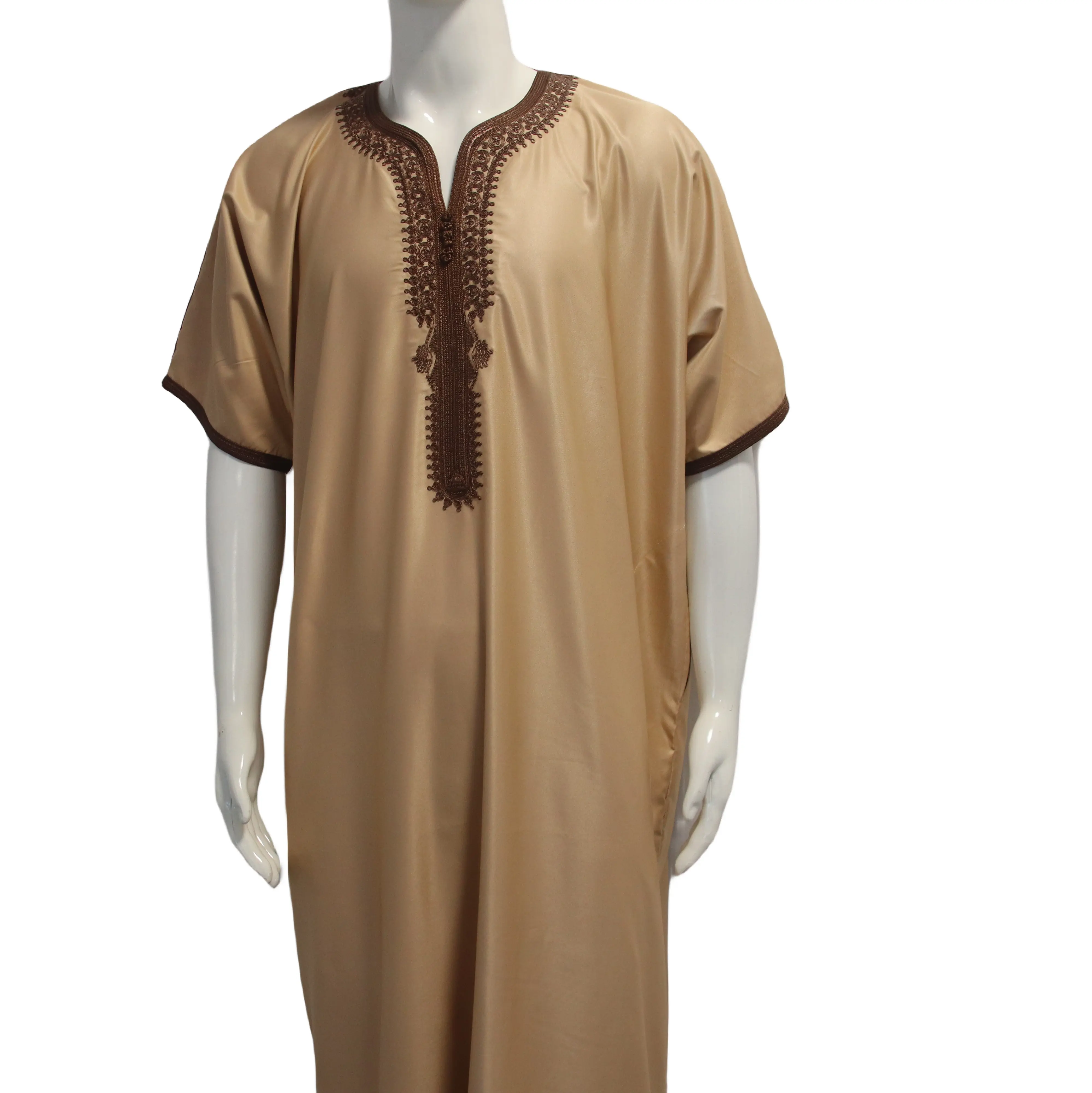 Islamische hochwertige ethnische Kleidung Arabische Seide V-Ausschnitt Robe muslimische Männer Thobe