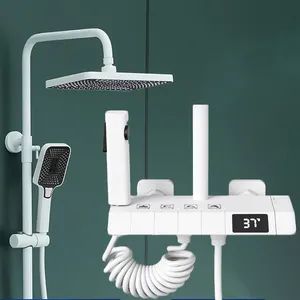 Lüks beyaz 4 basma düğmesi piyano anahtar dijital LED sıcaklık göstergesi akıllı pirinç termostatik duş sistemi