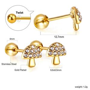 Boucles d'oreilles tendance en acier inoxydable avec cristaux en forme de champignon, faites à la main, plaquées or 18 carats pour femmes - Product Image 2