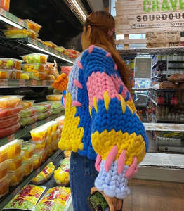 Bloc de couleur arc-en-ciel tricoté Cardigan couche de finition femmes automne et hiver tricot à la main épais Crochet pull - Product Image 4