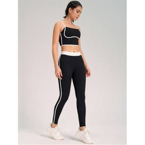 Hello Set Body de sport pour femme, extensible, sans couture, à bretelles spaghetti, col rond, longueur intégrale, blanc avec bordure noire, taille moyenne haute - Product Image 3