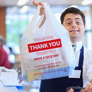 White Plastic Shopping <b>Bags</b> With Handles Large Size Thank You Print 100 Pack For Grocery Retail Use - Product Image 4