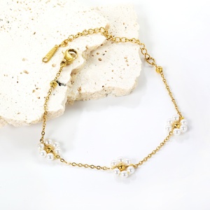 Stainless Steel Jewelry <b>Pearl</b> <b>Bracelet</b> Women Charm 18K Gold Plated Beaded Chain Sunflower Minimalist Design 3 Flower <b>Bracelet</b> - Product Image 4