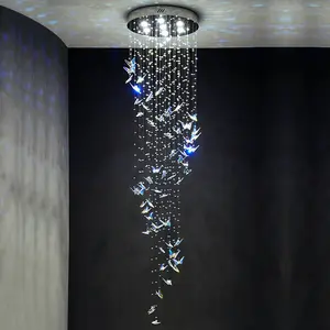 Luxury Led Indoor Home Large Luminaire Modern Crystal Long Hanging Lamps Butterfly Crystal Staircase Chandelier for Living Room