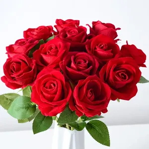 Rosa Artificiale in Flanella con Effetto Perla e Foglie Verdi, Fiori Decorativi per Ufficio, Fiori in Seta per Matrimoni - Product Image 2