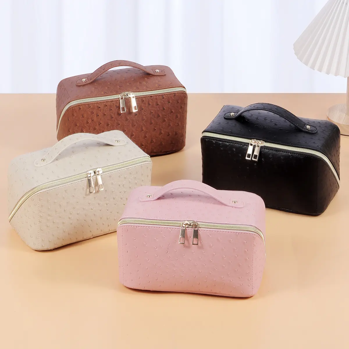 New Vintage Ostrich Skin Pattern PU Leather Custom Handbags Clutch Pouch Luxury Ladies Cosmetic Organize Makeup Bag for Women