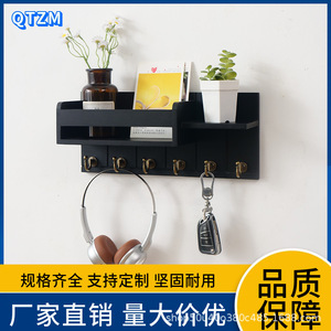 Wooden Wall Mounted Key Rack With <b>Hooks</b> Storage Organizer For Mail And Keys <b>Black</b> Rectangle 2 Layer Design - Product Image 5